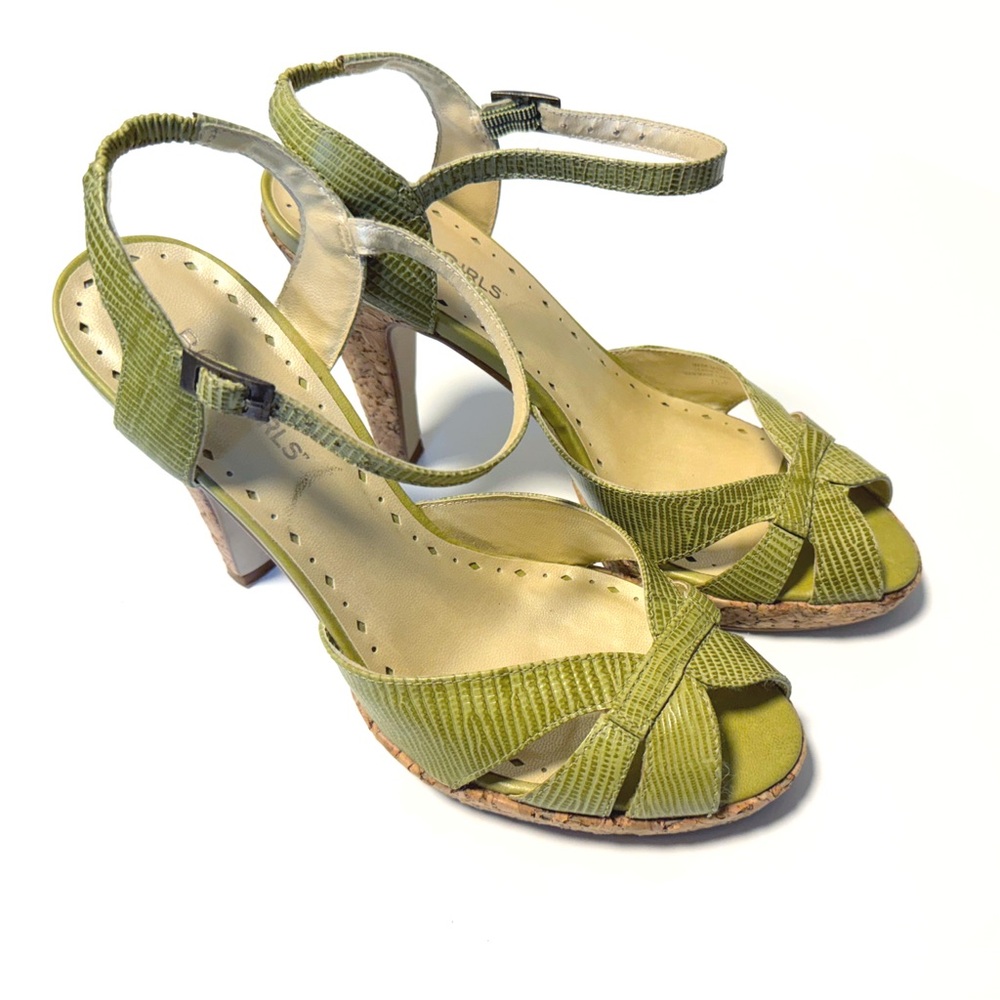 BCBGirls Green Open Toe Ankle Strap Heels with Cork Heel
